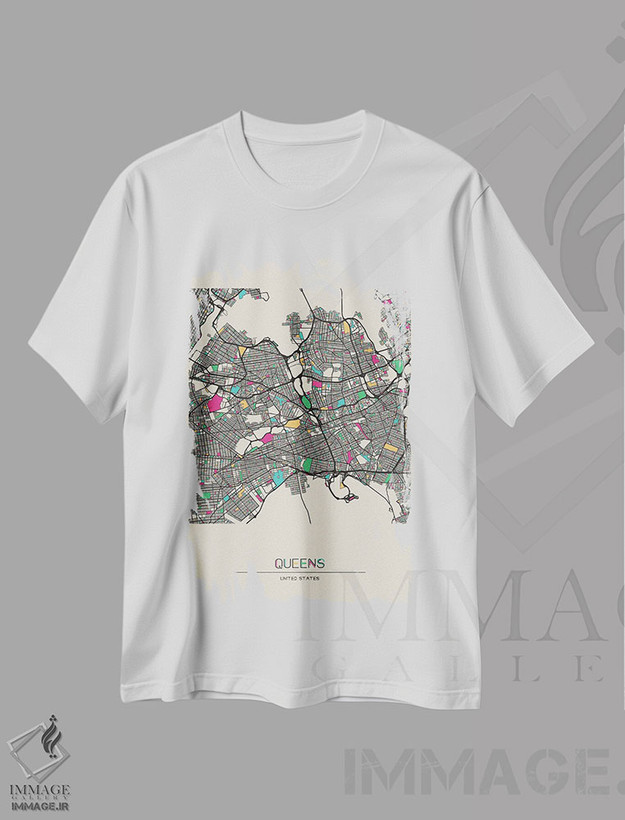 تیشرت طرح دار نقشهٔ کوئینز، نیویورک، هنر دیجیتال اثر آیشه دنیز آکِرمان | فروشگاه ایماژ