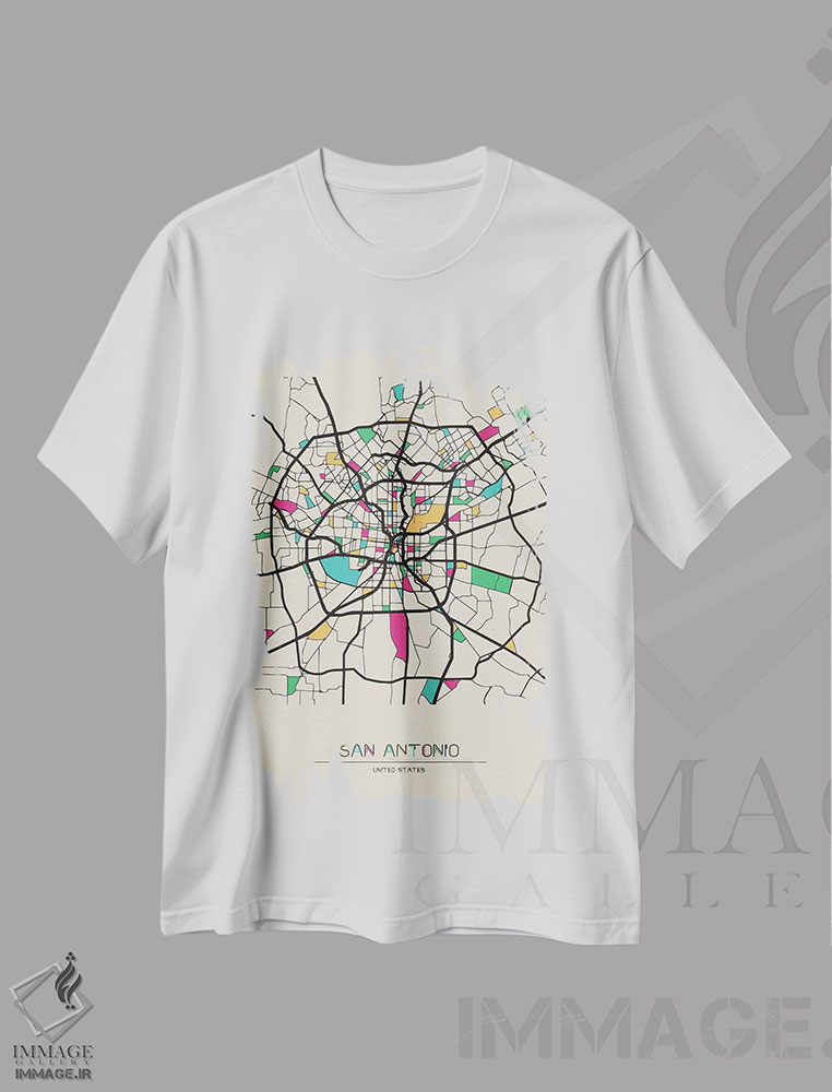 تیشرت طرح دار نقشهٔ سن آنتونیو، تگزاس، هنر دیجیتال اثر آیشه دنیز آکِرمان | فروشگاه ایماژ