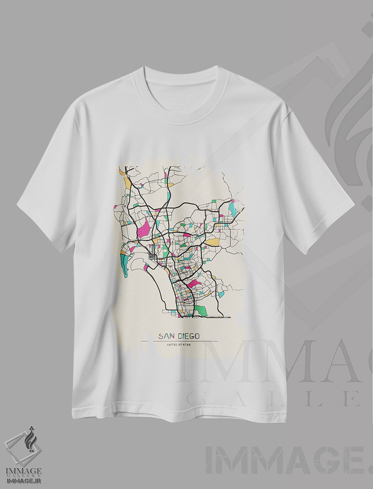 تیشرت طرح دار نقشهٔ سن دیگو، کالیفرنیا، هنر دیجیتال اثر آیشه دنیز آکِرمان | فروشگاه ایماژ