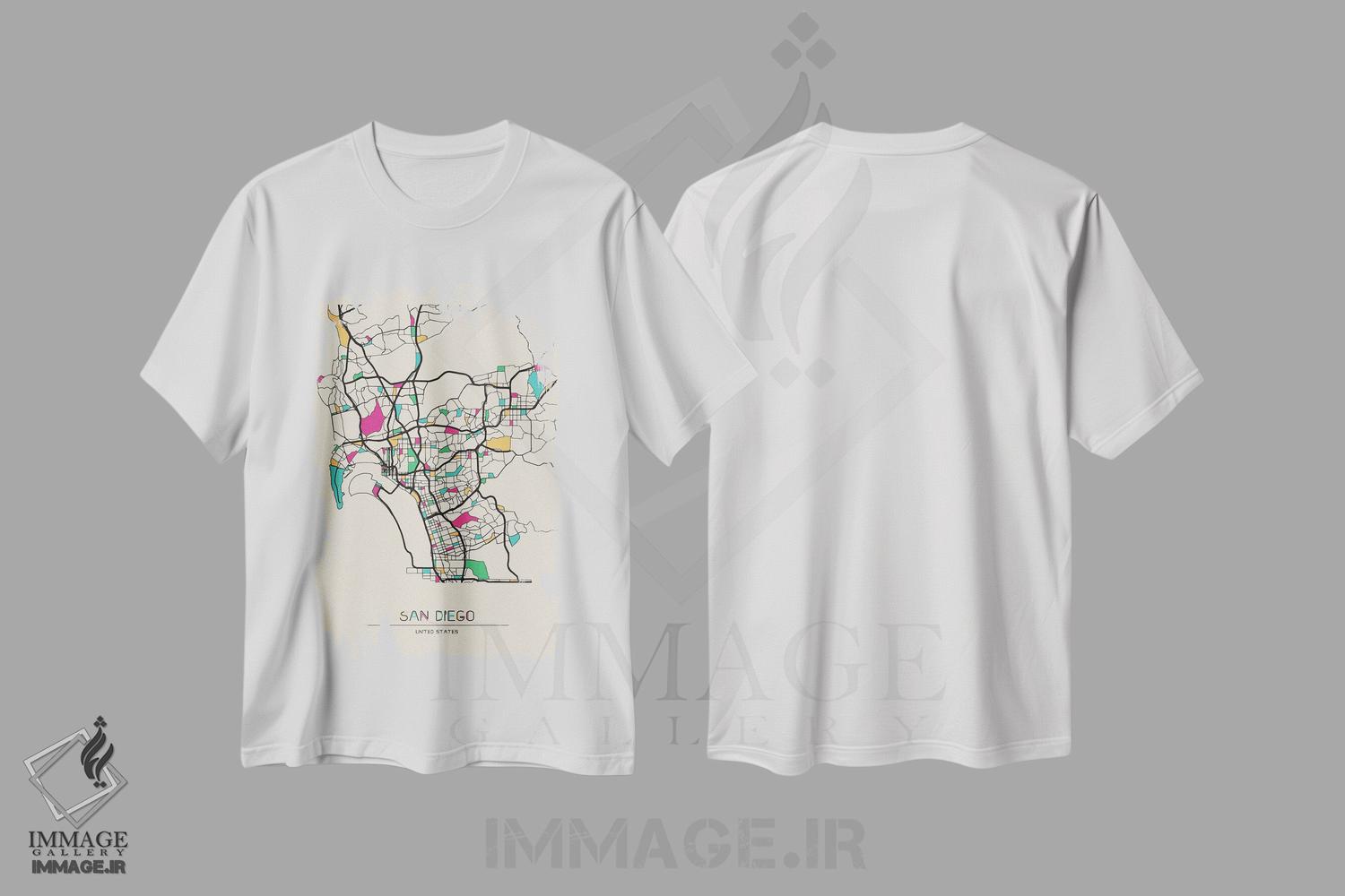 تیشرت طرح دار نقشهٔ سن دیگو، کالیفرنیا، هنر دیجیتال اثر آیشه دنیز آکِرمان | فروشگاه ایماژ