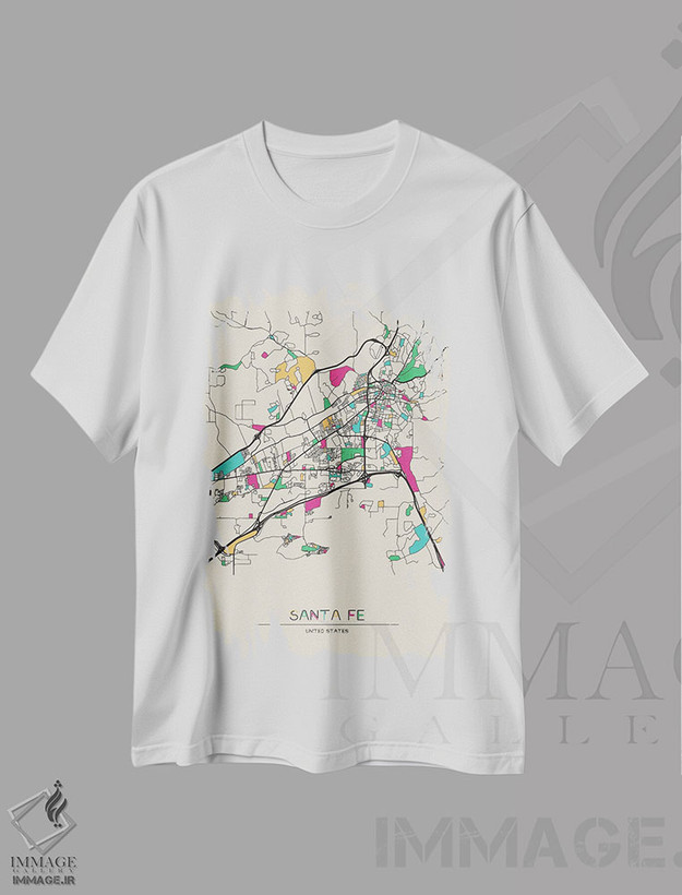 تیشرت طرح دار نقشهٔ سانتافه، نیومکزیکو، هنر دیجیتال اثر آیشه دنیز آکِرمان | فروشگاه ایماژ