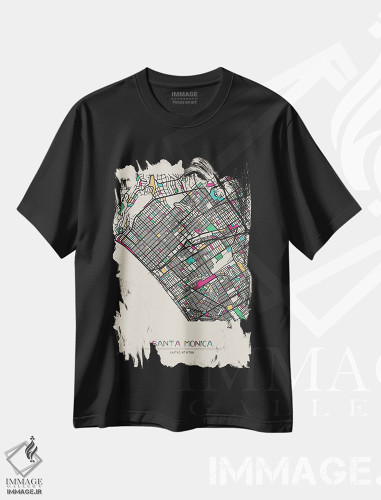تیشرت طرح دار نقشهٔ سانتا مونیکا، کالیفرنیا، هنر دیجیتال اثر آیشه دنیز آکِرمان | فروشگاه ایماژ