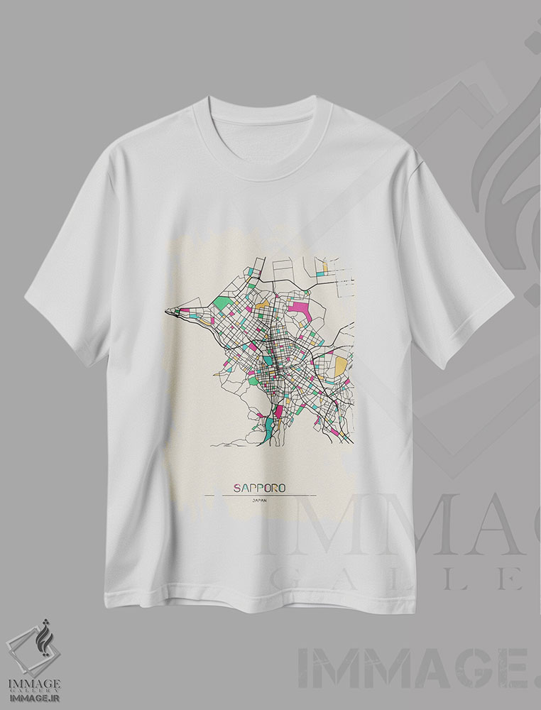 تیشرت طرح دار نقشهٔ ساپورو، ژاپن، هنر دیجیتال اثر آیشه دنیز آکِرمان | فروشگاه ایماژ