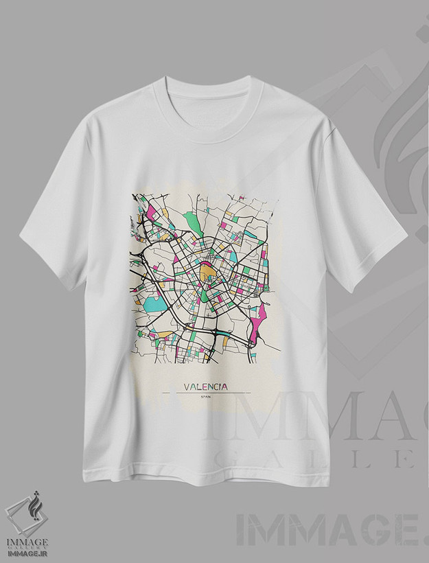 تیشرت طرح دار نقشهٔ والنسیا، اسپانیا، هنر دیجیتال اثر آیشه دنیز آکِرمان | فروشگاه ایماژ