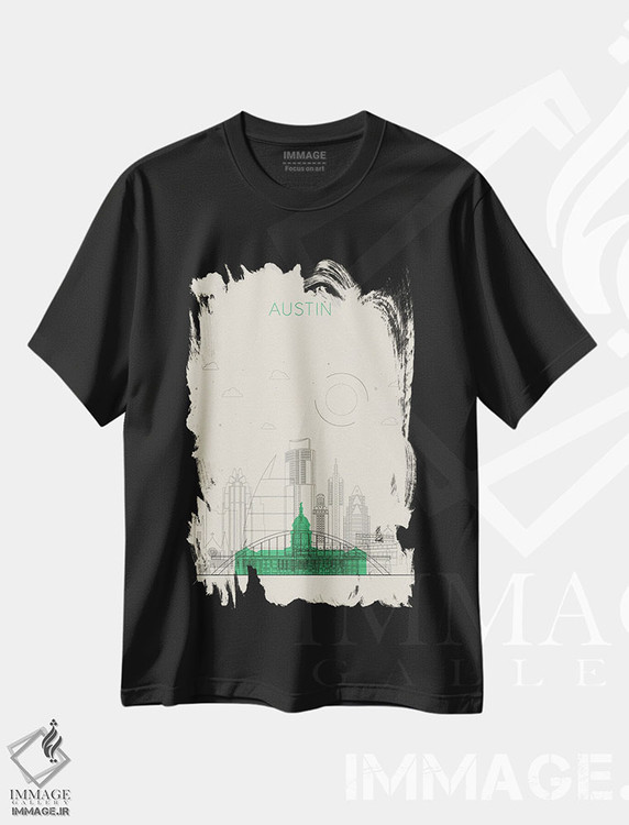 تیشرت طرح دار نمای شهری آستین، تگزاس، هنر دیجیتال اثر آیشه دنیز آکِرمان | فروشگاه ایماژ