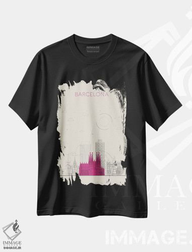 تیشرت طرح دار نمای شهری بارسلون، اسپانیا، هنر دیجیتال اثر آیشه دنیز آکِرمان | فروشگاه ایماژ