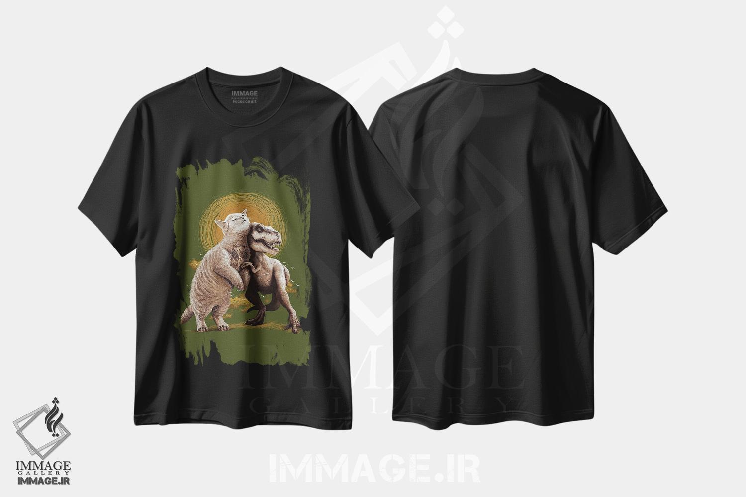 تیشرت طرح دار گربه و تیرانوزاروس، تزئینی اثر آدام لاولس | فروشگاه ایماژ