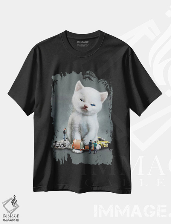 تیشرت طرح دار بچه گربه در مقابل خودروها، تزئینی اثر آدام لاولس | فروشگاه ایماژ