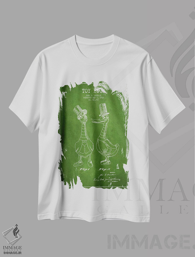 تیشرت طرح دار نقشهٔ ثبت اختراع اردک نر سبز، وینتیج و رترو اثر پیکسل کهنه | immage.ir