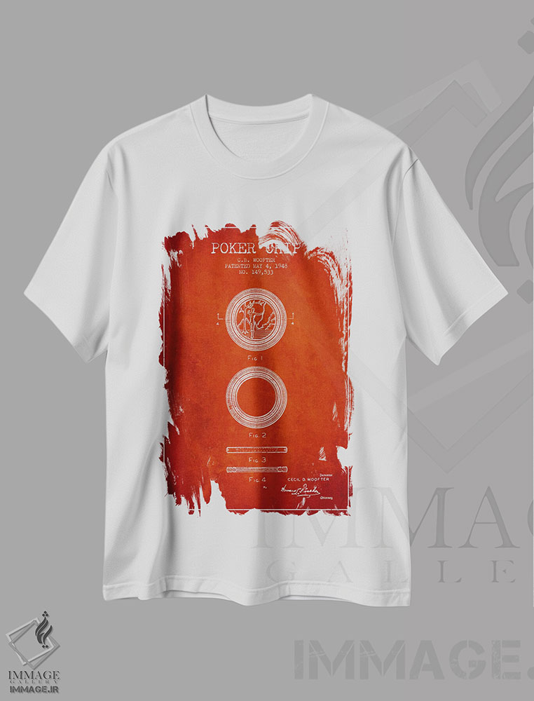 تیشرت طرح دار نقشهٔ ثبت اختراع چیپ پوکر ۲ قرمز، وینتیج و رترو اثر پیکسل کهنه | immage.ir