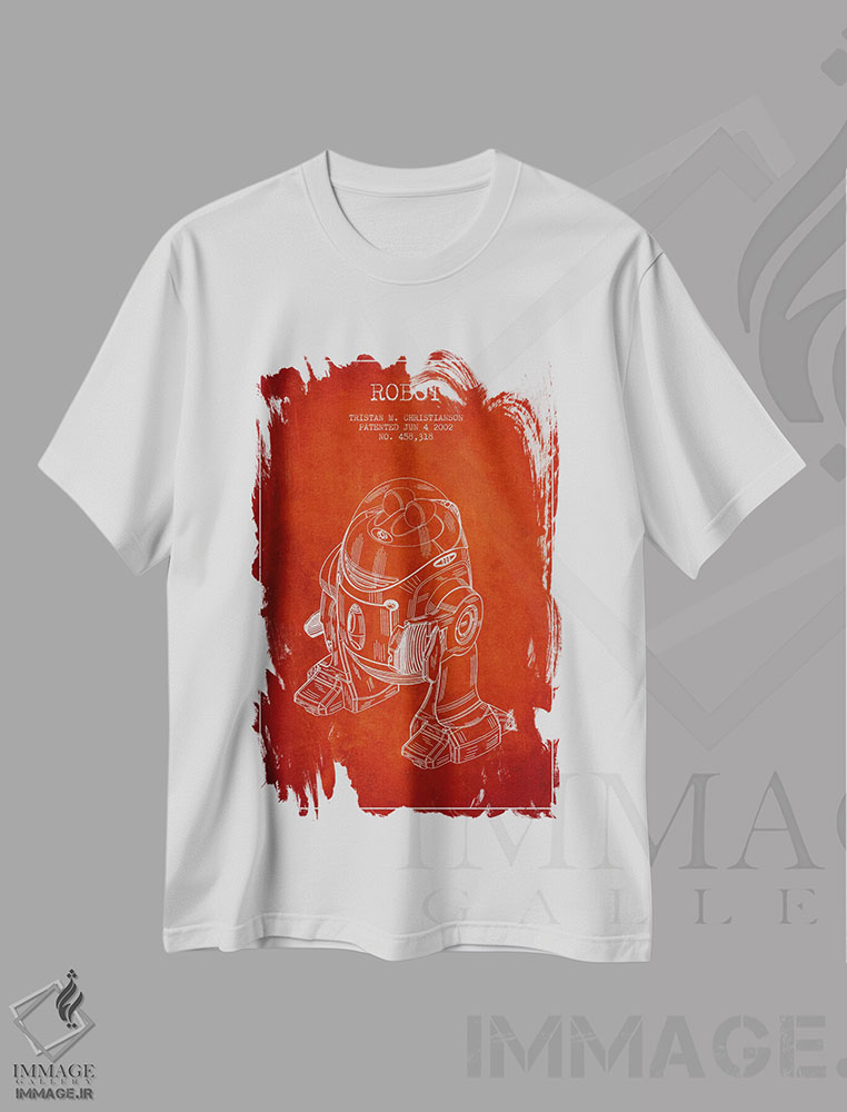 تیشرت طرح دار نقشهٔ ثبت اختراع ربات قرمز، وینتیج و رترو اثر پیکسل کهنه | immage.ir