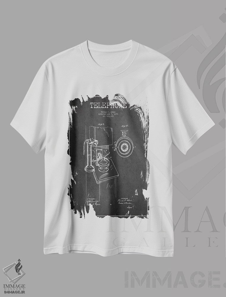 تیشرت طرح دار نقشهٔ ثبت اختراع تلفن اهِرن، وینتیج و رترو اثر پیکسل کهنه | immage.ir