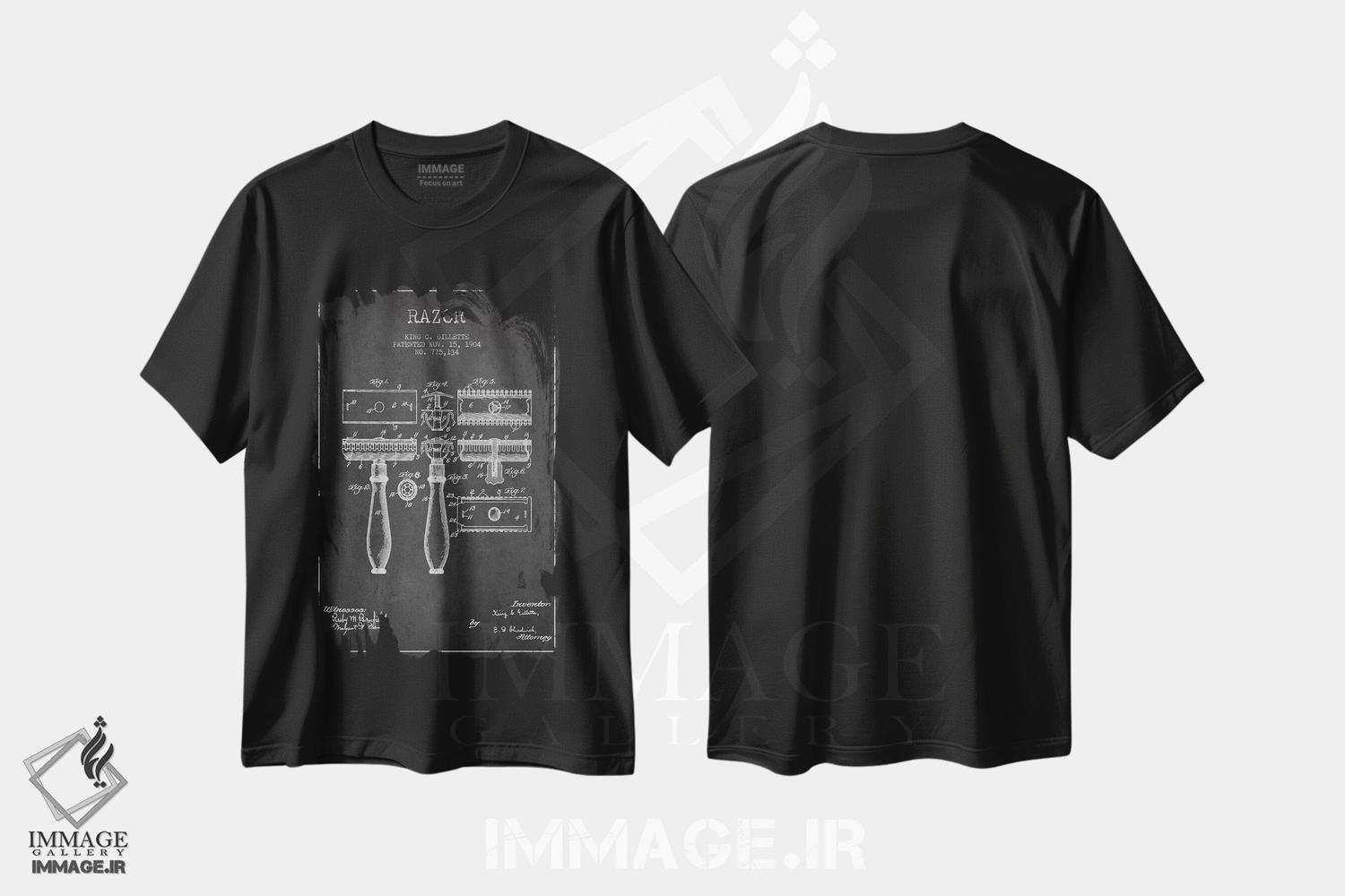 تیشرت طرح دار نقشهٔ ثبت اختراع تیغ اصلاح، هنر تزئینی سیاه و سفید اثر پیکسل کهنه | فروشگاه ایماژ