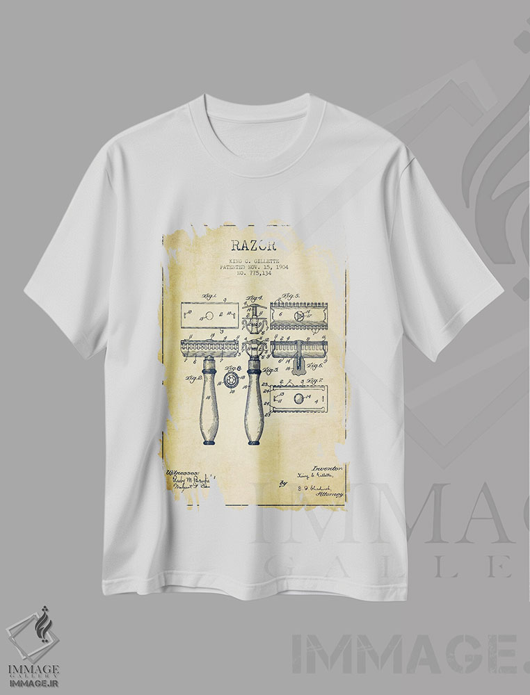 تیشرت طرح دار نقشهٔ ثبت اختراع قدیمی تیغ اصلاح، تزئینی اثر پیکسل کهنه | immage.ir