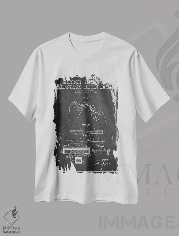 تیشرت طرح دار نقشه ثبت اختراع رژ لب همراه با آینه، وینتیج و رترو اثر پیکسل کهنه | immage.ir