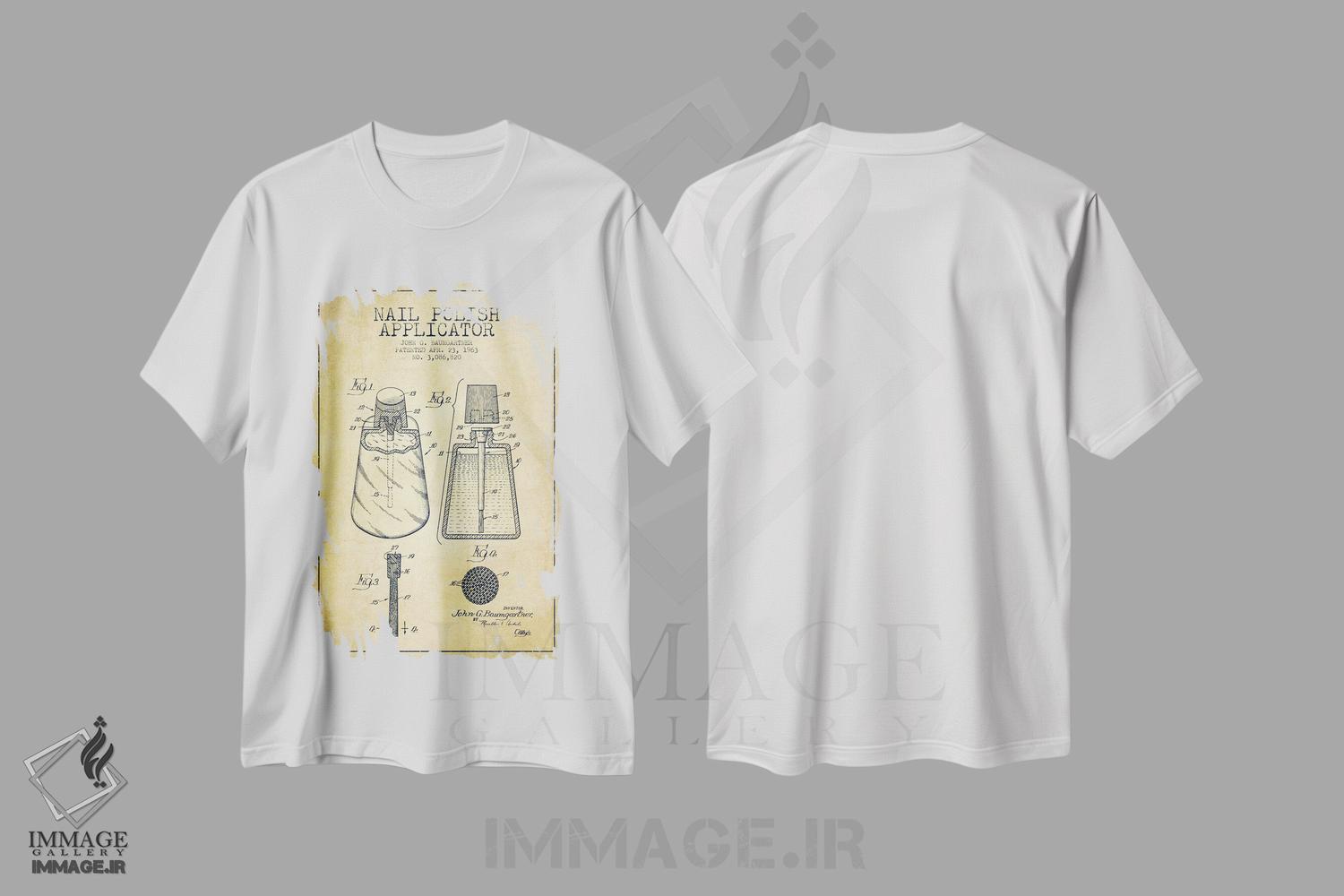 تیشرت طرح دار نقشهٔ ثبت اختراع اپلیکاتور لاک ناخن، وینتیج و رترو اثر پیکسل کهنه | immage.ir