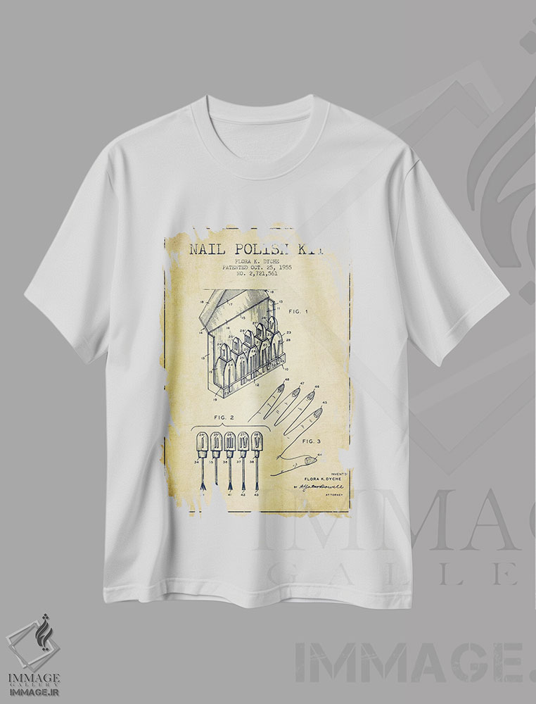 تیشرت طرح دار نقشهٔ ثبت اختراع کیت لاک ناخن، وینتیج و رترو اثر پیکسل کهنه | immage.ir
