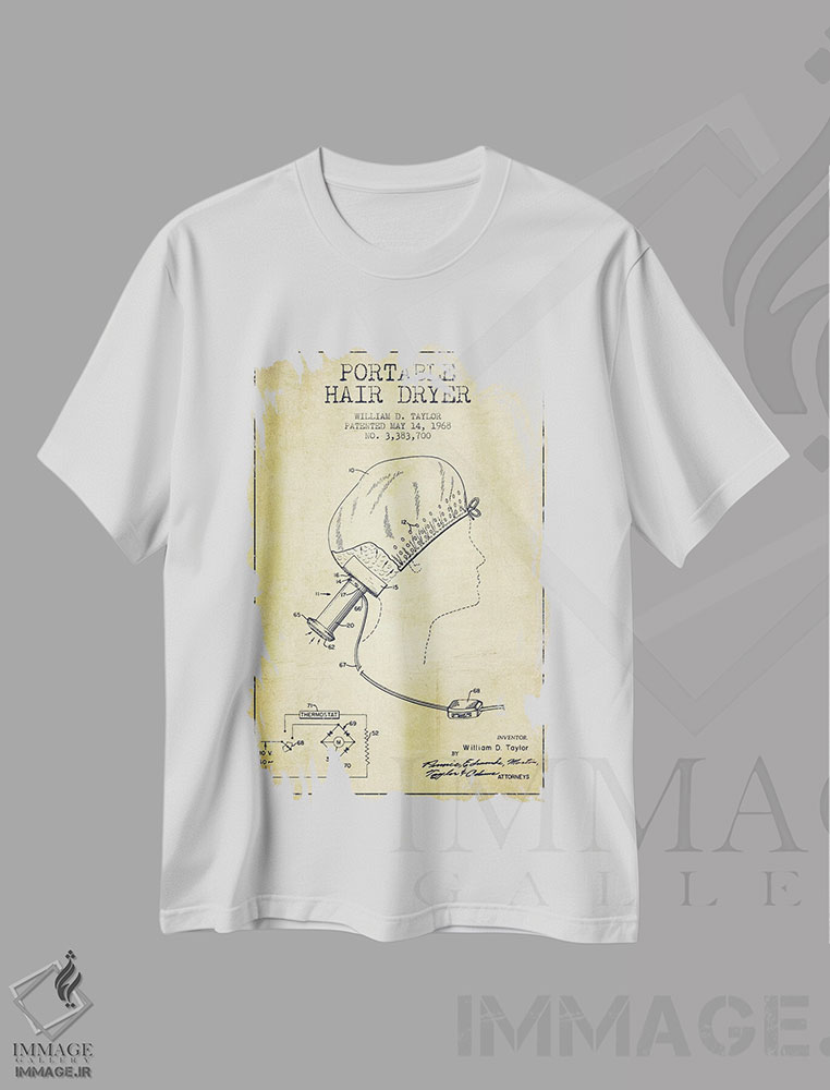 تیشرت طرح دار نقشهٔ ثبت اختراع سشوار قابل حمل، وینتیج و رترو اثر پیکسل کهنه | immage.ir