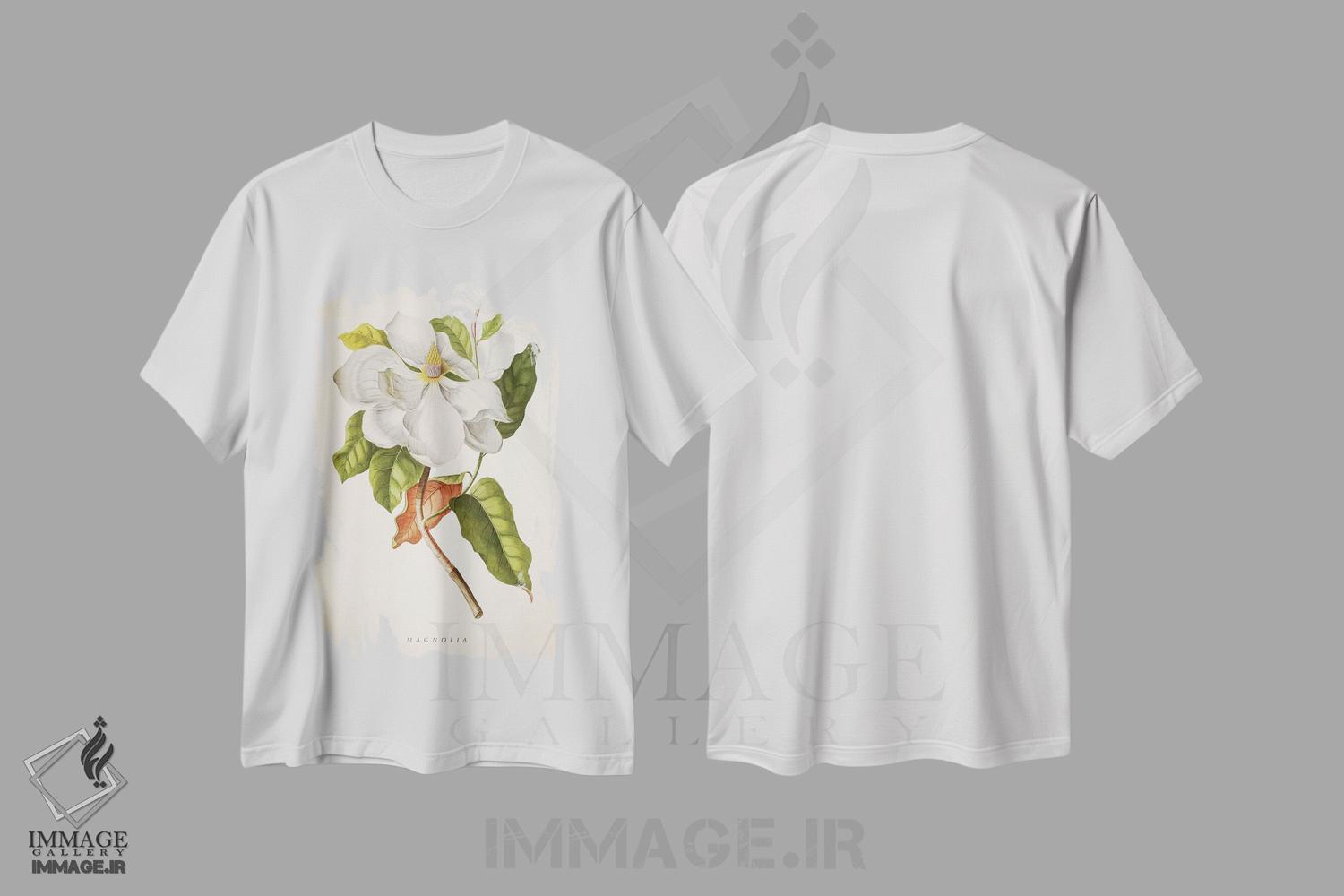 تیشرت طرح دار چاپ گیاه شناسی ماگنولیا شماره ۱، تزئینی اثر پیکسل کهنه | immage.ir