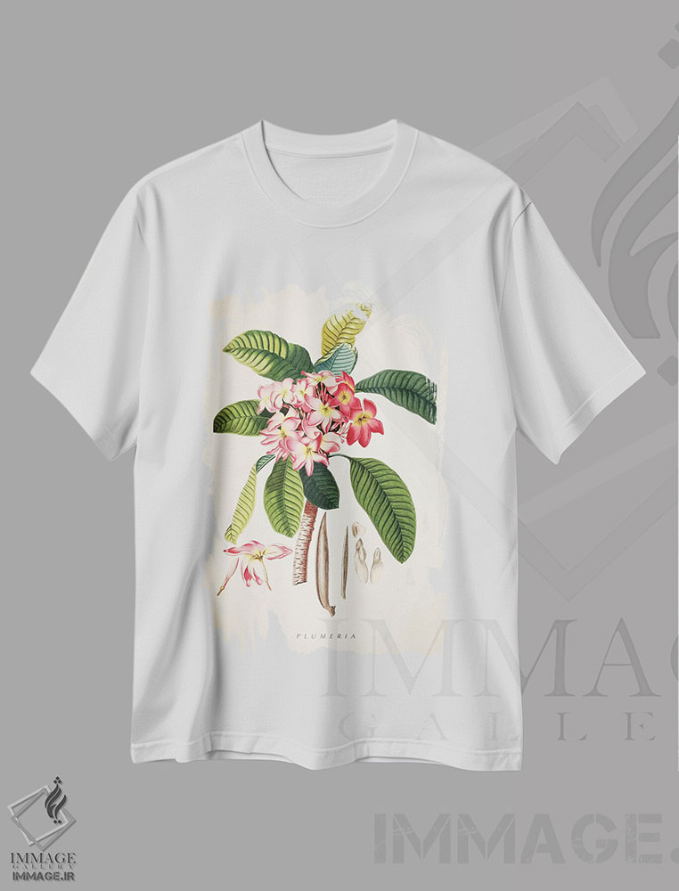 تیشرت طرح دار چاپ گیاه شناسی پلومریا، تزئینی اثر پیکسل کهنه | immage.ir
