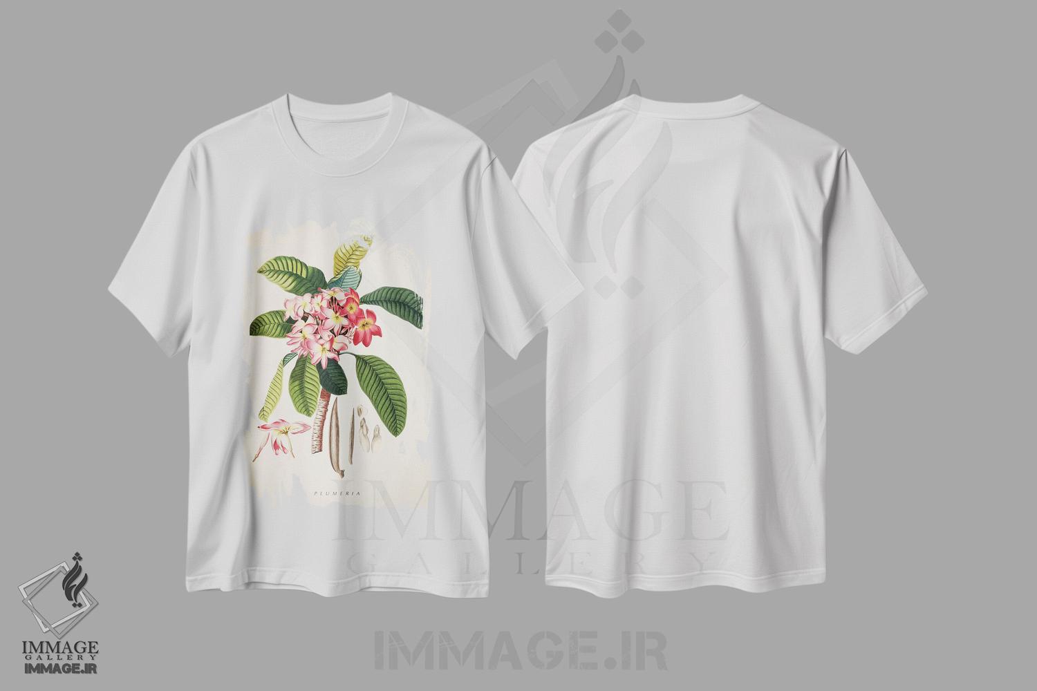 تیشرت طرح دار چاپ گیاه شناسی پلومریا، تزئینی اثر پیکسل کهنه | immage.ir