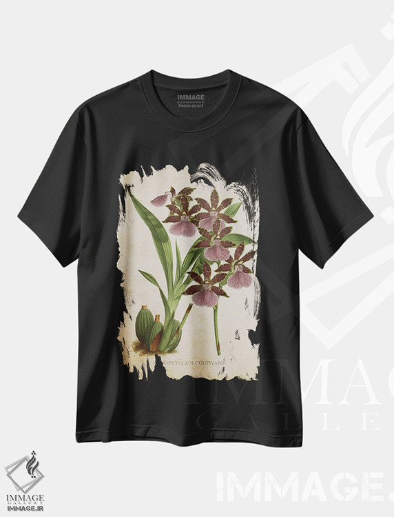 تیشرت طرح دار گل ارکیده، تزئینی اثر پیکسل کهنه | فروشگاه ایماژ