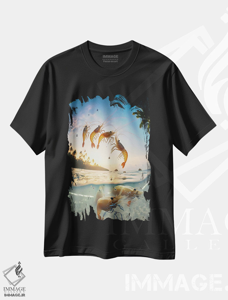 تیشرت طرح دار میگوهای هوش مصنوعی در حال پریدن از آب، هنر دیجیتال اثر آلساندرو دلا توره | فروشگاه ایماژ