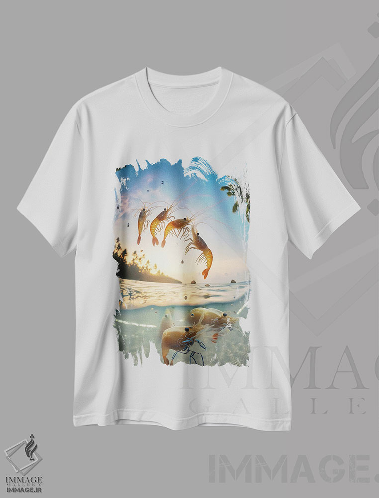 تیشرت طرح دار میگوهای هوش مصنوعی در حال پریدن از آب، هنر دیجیتال اثر آلساندرو دلا توره | immage.ir