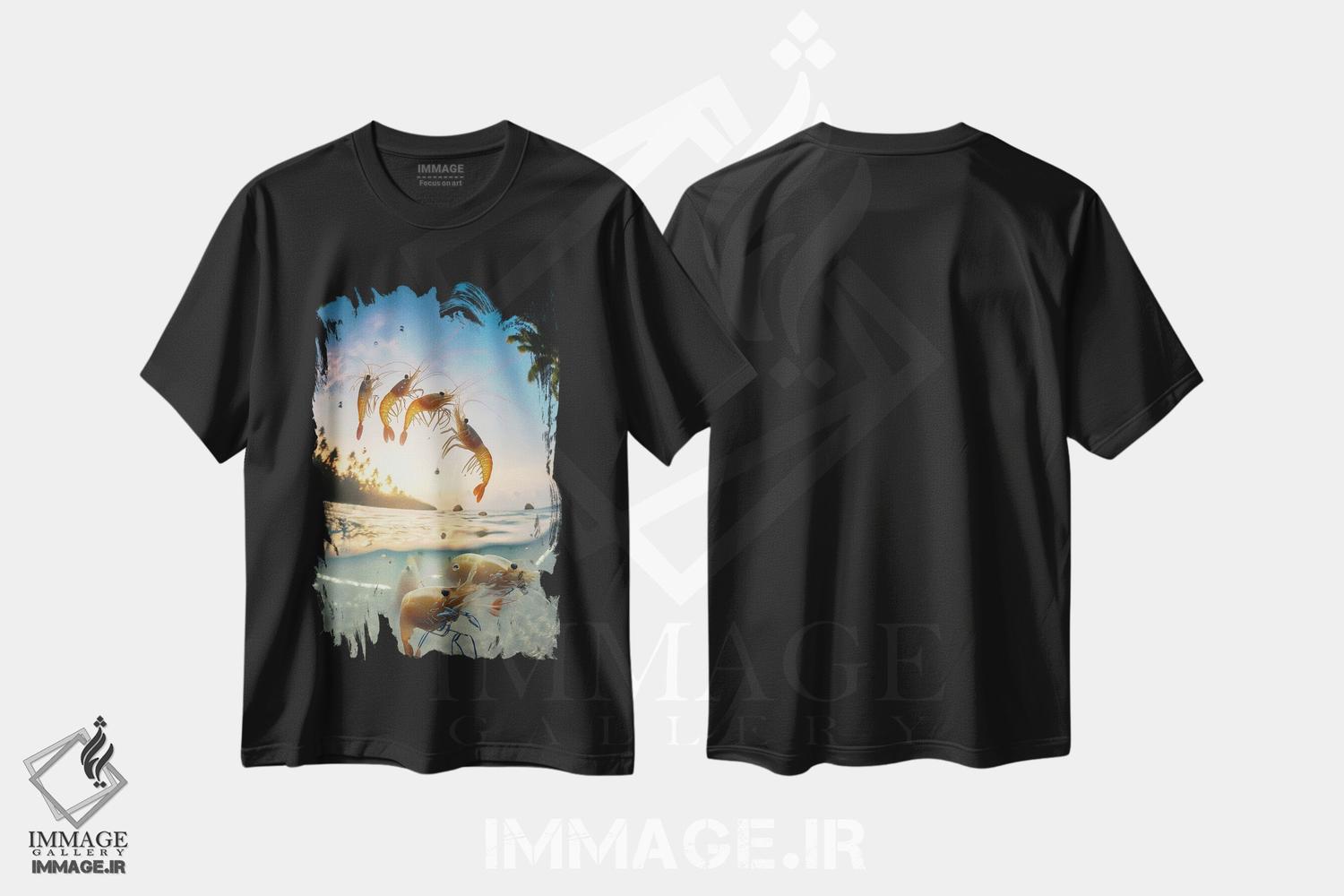 تیشرت طرح دار میگوهای هوش مصنوعی در حال پریدن از آب، هنر دیجیتال اثر آلساندرو دلا توره | فروشگاه ایماژ