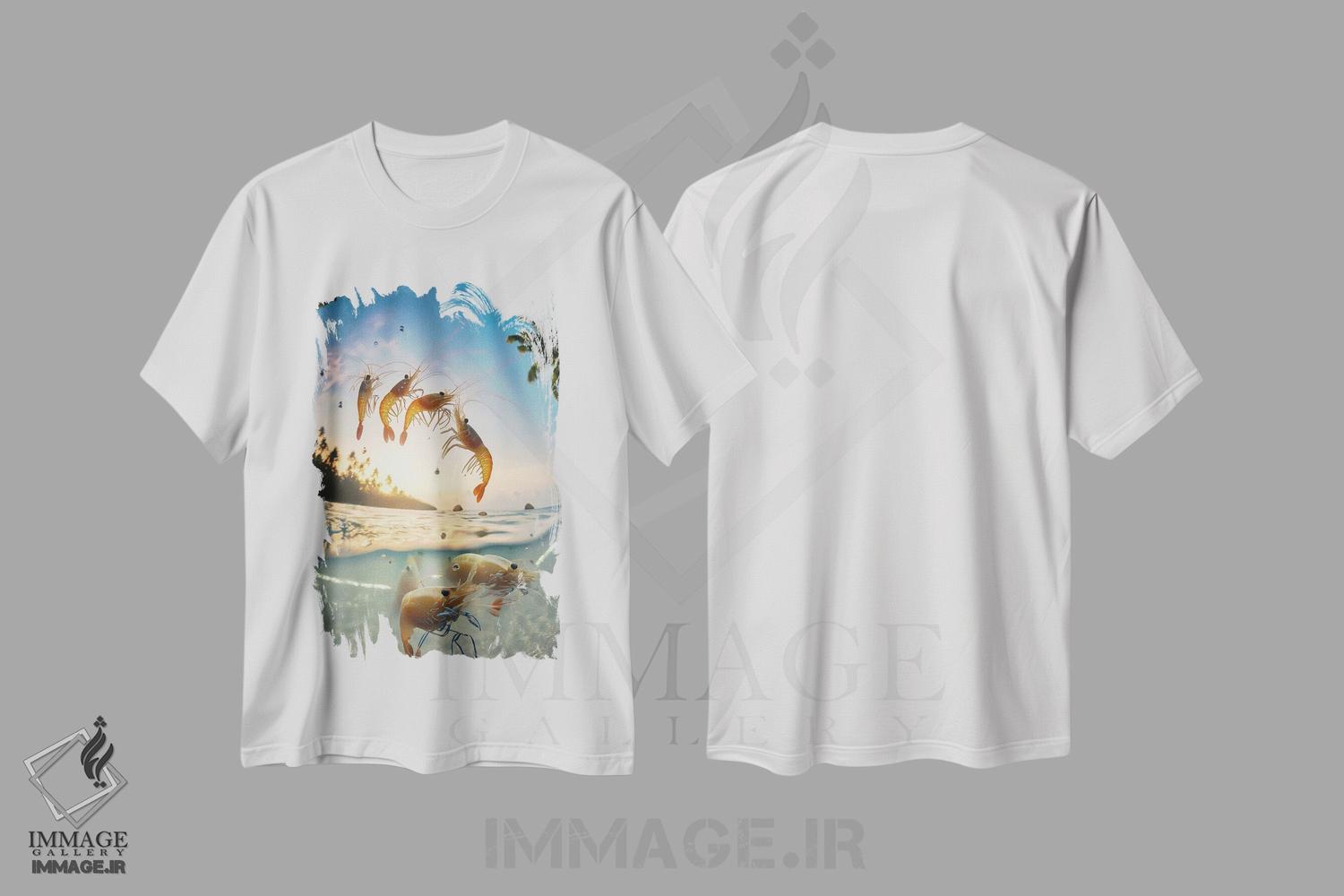 تیشرت طرح دار میگوهای هوش مصنوعی در حال پریدن از آب، هنر دیجیتال اثر آلساندرو دلا توره | immage.ir
