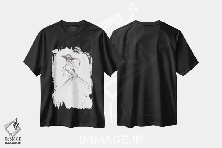 تیشرت طرح دار طرح مد از دختری با لباس، نقاشی و تصویرگری سیاه و سفید اثر آلساندرو دلا توره | فروشگاه ایماژ