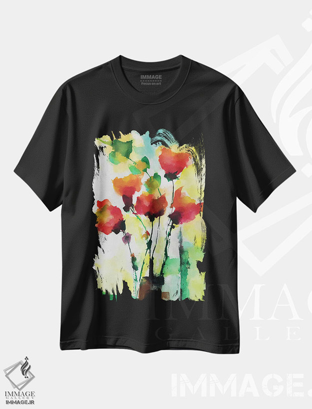 تیشرت طرح دار گل های قرمز ۶، آبستره اثر آنجِل استوز | فروشگاه ایماژ