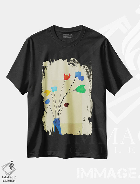 تیشرت طرح دار گلدان با گل های کوچک رنگارنگ، تزئینی اثر آنجِل استوز | فروشگاه ایماژ