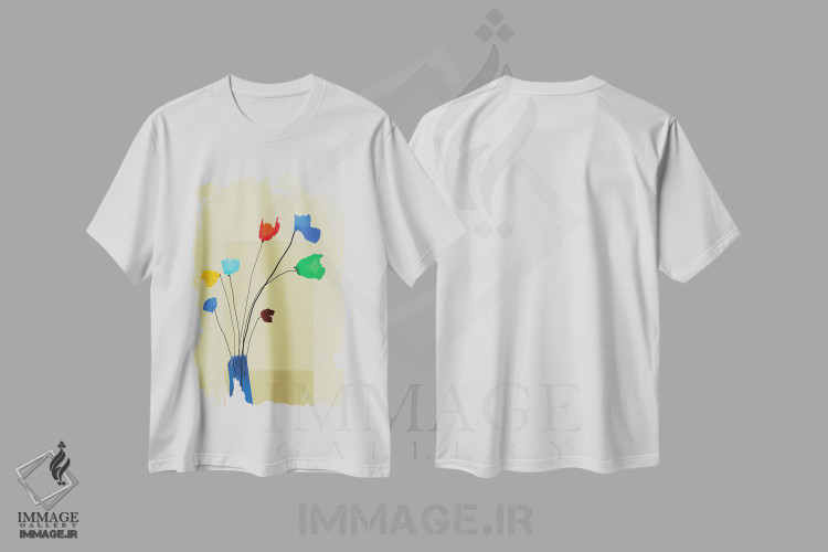 تیشرت طرح دار گلدان با گل های کوچک رنگارنگ، تزئینی اثر آنجِل استوز | immage.ir
