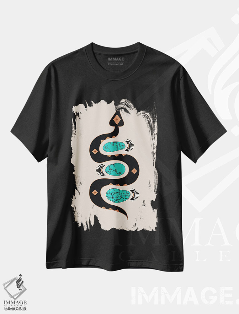تیشرت طرح دار لغزش جنوب غربی در مشکی و فیروزه ای، تزئینی اثر آلی فالکن | فروشگاه ایماژ