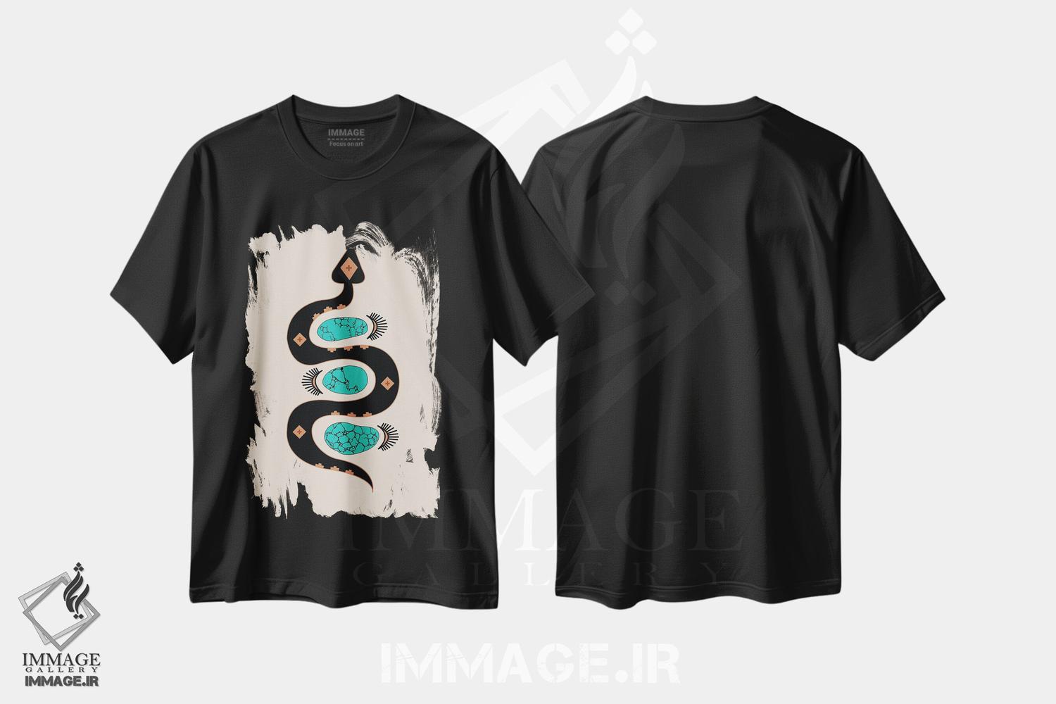 تیشرت طرح دار لغزش جنوب غربی در مشکی و فیروزه ای، تزئینی اثر آلی فالکن | فروشگاه ایماژ