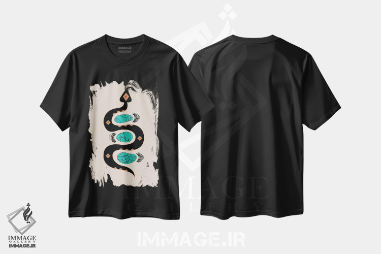تیشرت طرح دار لغزش جنوب غربی در مشکی و فیروزه ای، تزئینی اثر آلی فالکن | فروشگاه ایماژ