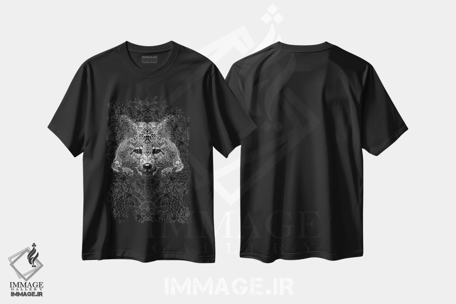 تیشرت طرح دار روباه، هنر تزئینی سیاه و سفید اثر علی گولچ | فروشگاه ایماژ