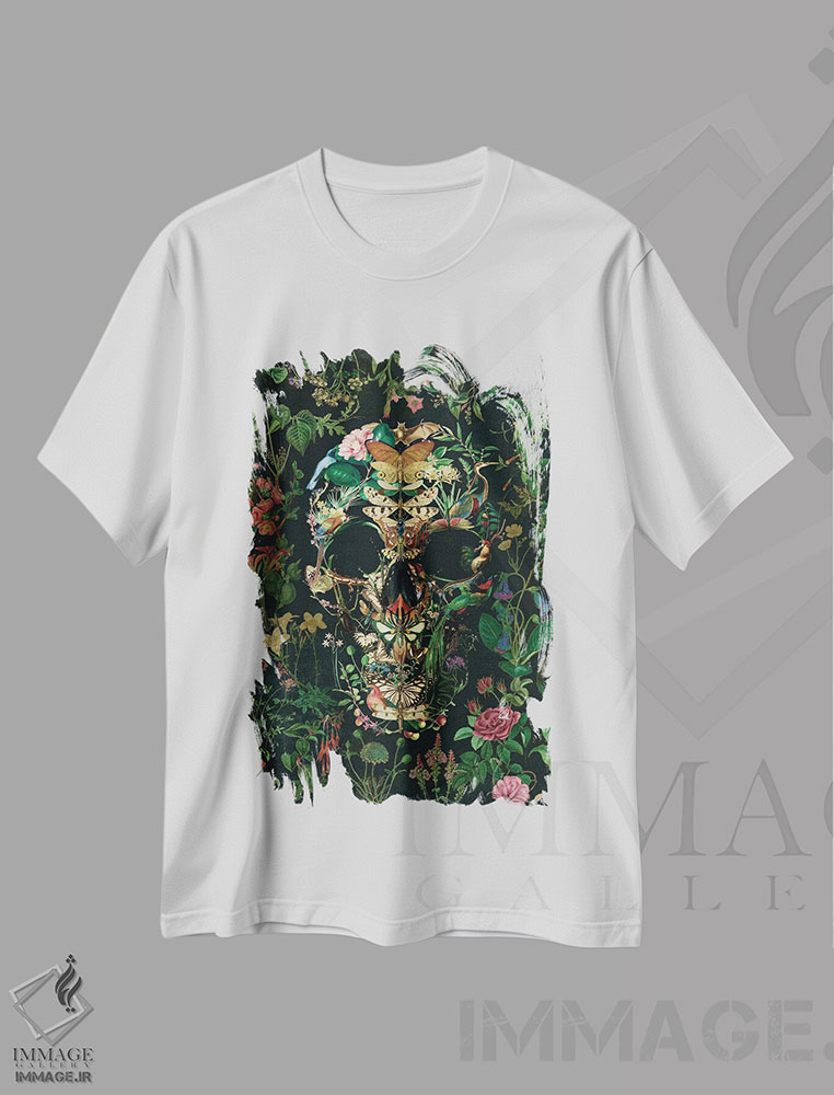 تیشرت طرح دار پرتره جمجمه پروانه ای، دکوراسیون جایگزین اثر علی گولچ | immage.ir