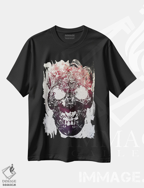 تیشرت طرح دار جمجمه گل دار، دکوراسیون جایگزین اثر علی گولچ | فروشگاه ایماژ
