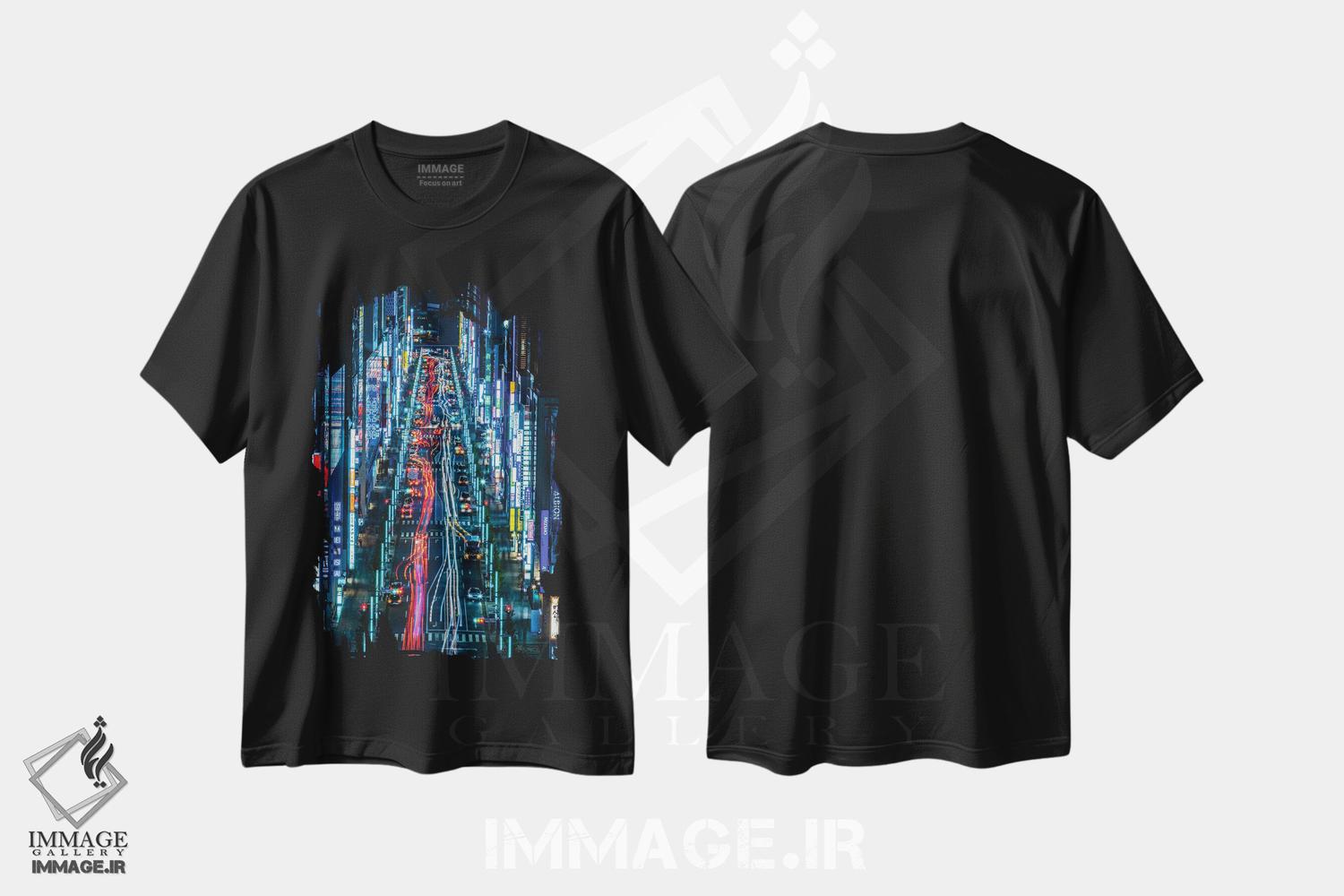 تیشرت طرح دار شلوغی ساعت اوج شیبویا ژاپن با نورهای نئونی، مدیوم اثر الکس جی پرز | فروشگاه ایماژ