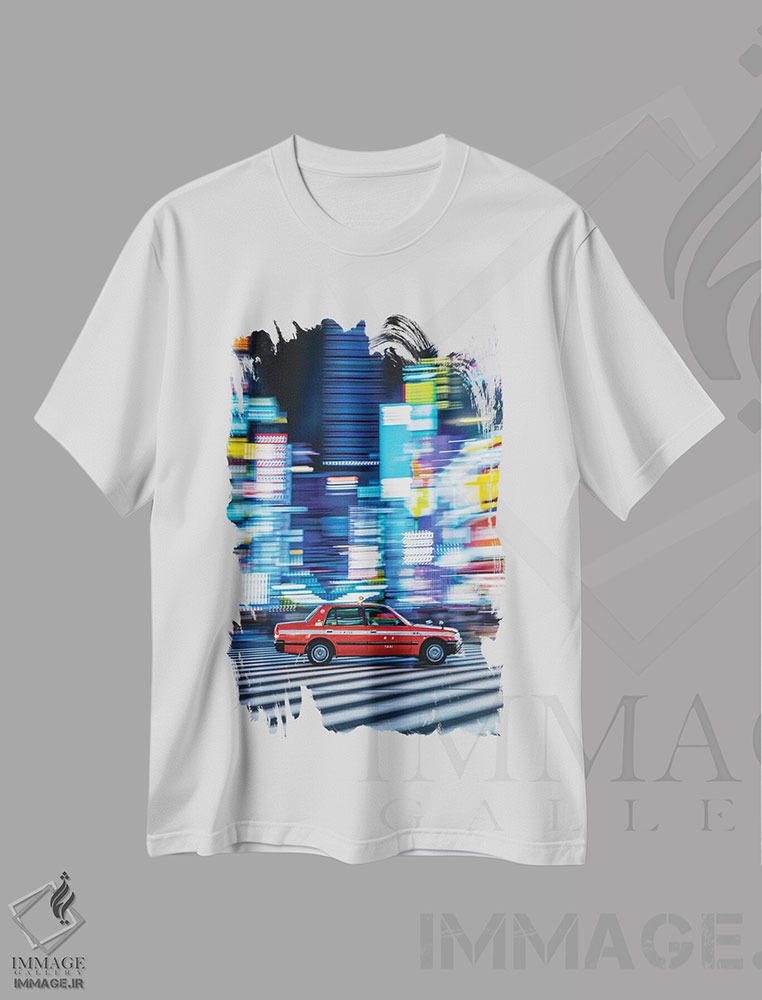 تیشرت طرح دار شلوغی ساعت اوج شیبویا ژاپن با نورهای نئونی، مدیوم اثر الکس جی پرز | immage.ir