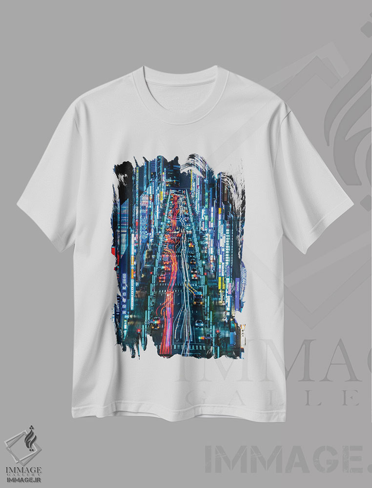 تیشرت طرح دار شلوغی ساعت اوج شیبویا ژاپن با نورهای نئونی، مدیوم اثر الکس جی پرز | immage.ir