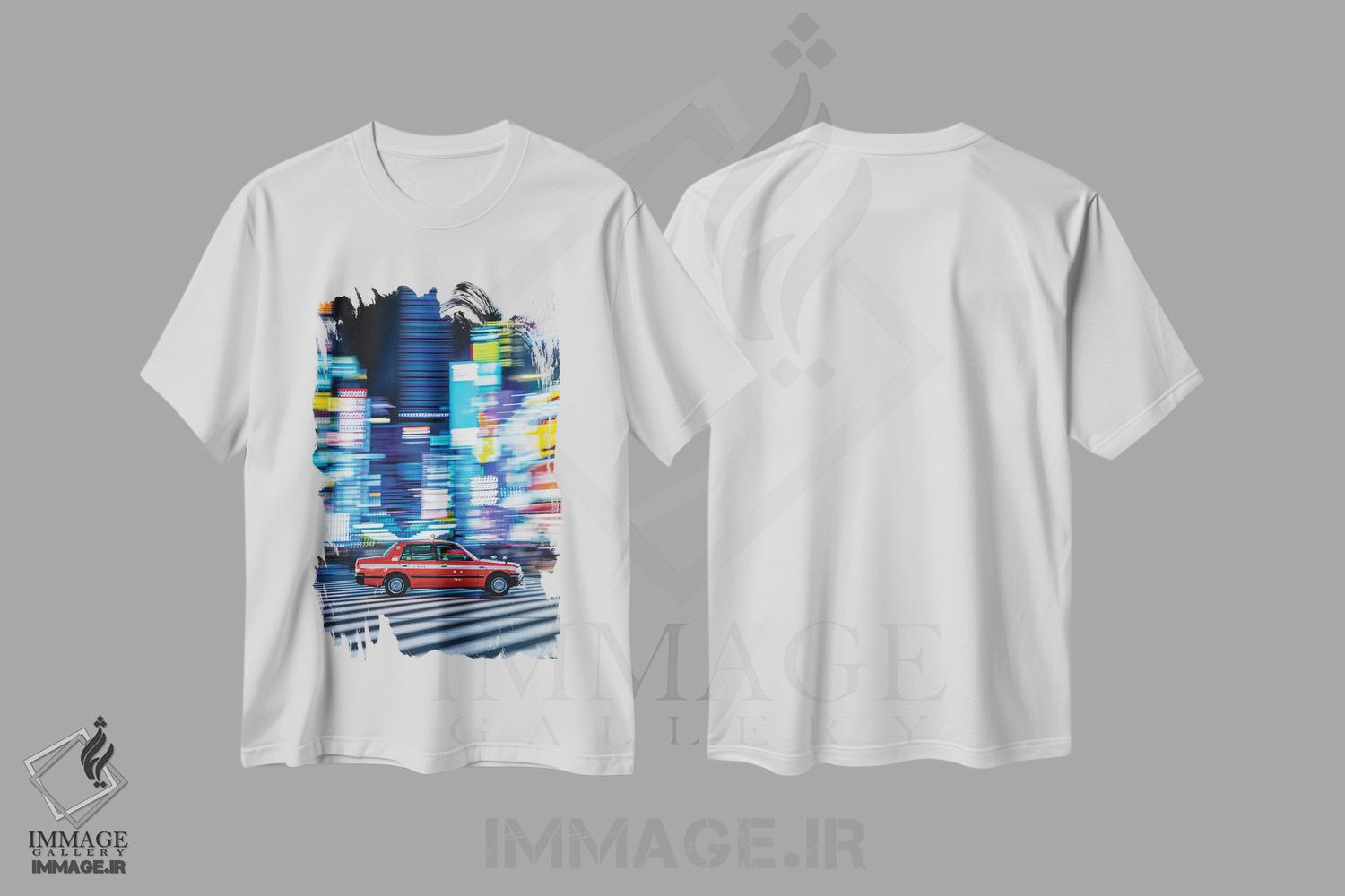 تیشرت طرح دار شلوغی ساعت اوج شیبویا ژاپن با نورهای نئونی، مدیوم اثر الکس جی پرز | immage.ir