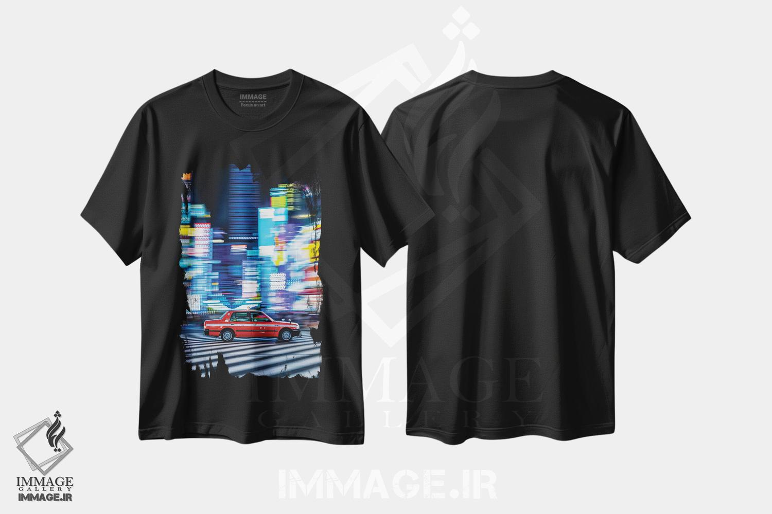 تیشرت طرح دار شلوغی ساعت اوج شیبویا ژاپن با نورهای نئونی، مدیوم اثر الکس جی پرز | فروشگاه ایماژ