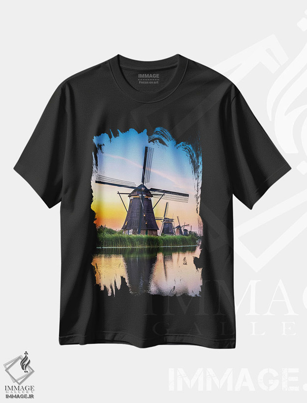 تیشرت طرح دار غروب آسیاب بادی کانال هلند، مدیوم اثر الکس جی پرز | فروشگاه ایماژ