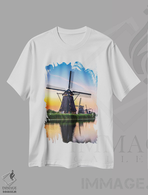 تیشرت طرح دار غروب آسیاب بادی کانال هلند، مدیوم اثر الکس جی پرز | immage.ir
