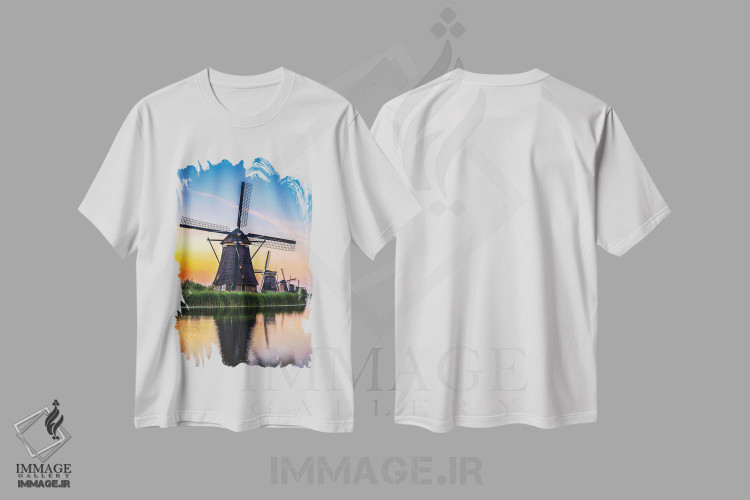 تیشرت طرح دار غروب آسیاب بادی کانال هلند، مدیوم اثر الکس جی پرز | immage.ir