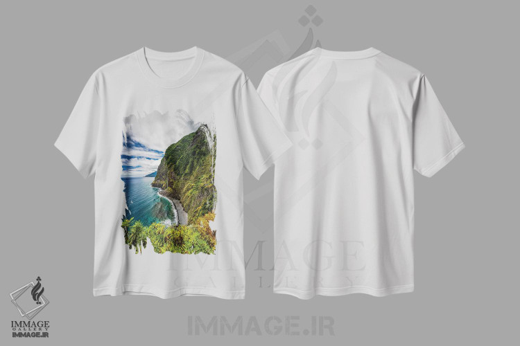 تیشرت طرح دار چشم انداز صخره ساحلی جزیره مادیرا پرتغال، مدیوم اثر الکس جی پرز | immage.ir