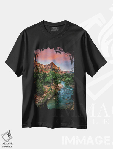 تیشرت طرح دار پیاده روی در پارک ملی زایون، غروب، مدیوم اثر الکس جی پرز | فروشگاه ایماژ